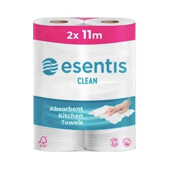 Háztartási papírtörlő kéztörlő 2 rétegű 50 lap/tekercs 2 tekercs/csomag Esentis clean fehér